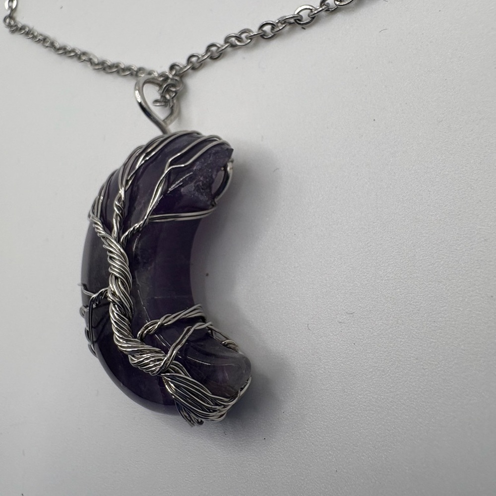 Amethyst Crescent Moon Necklace – Tree of Life Wire Wrap Pendant - Picture 3 of 7